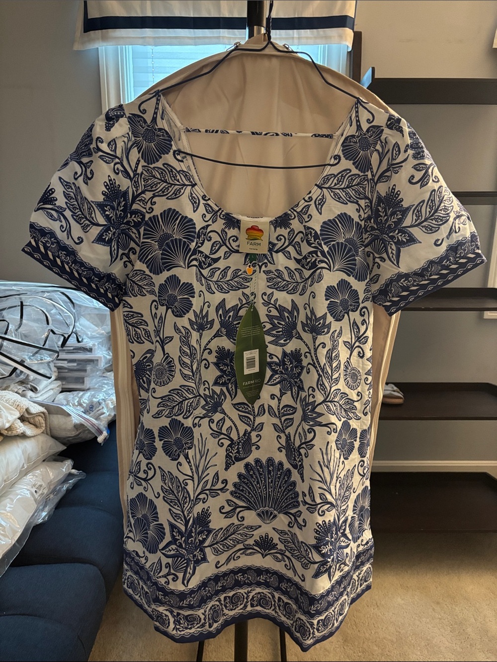 FARM Rio White Dress with Blue Botanical Print